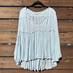 Olivaceous Light Blue Flowy Semi Sheer Bell Sleeve Boho Blouse
